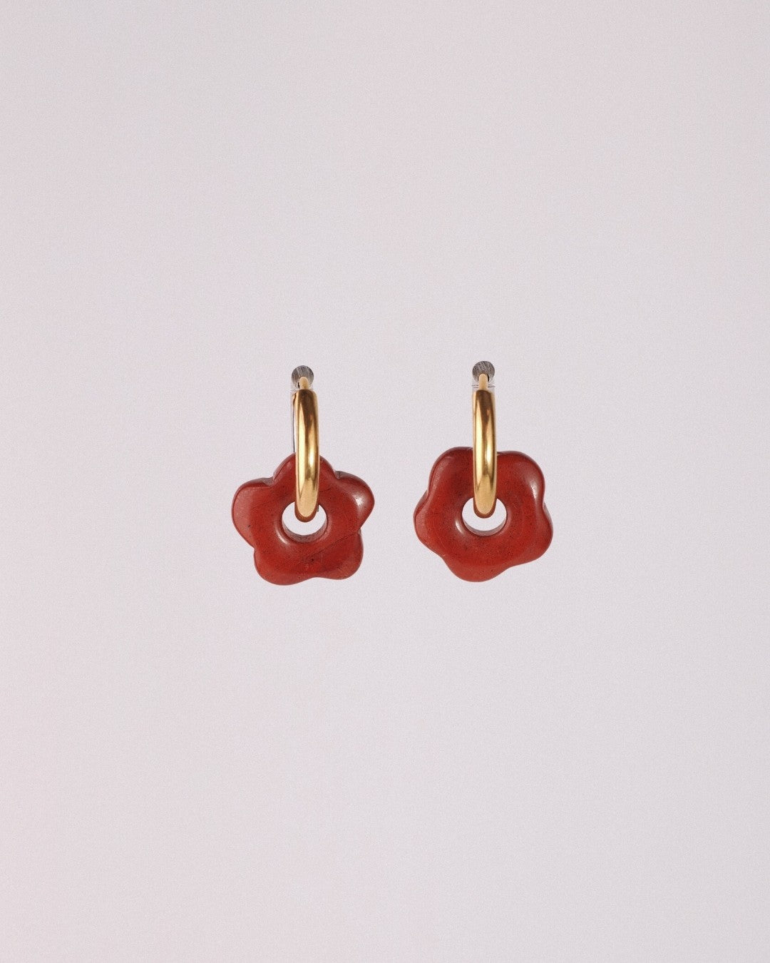 Pendientes Órbita Flor Acero Inoxidable Jaspe Rojo
