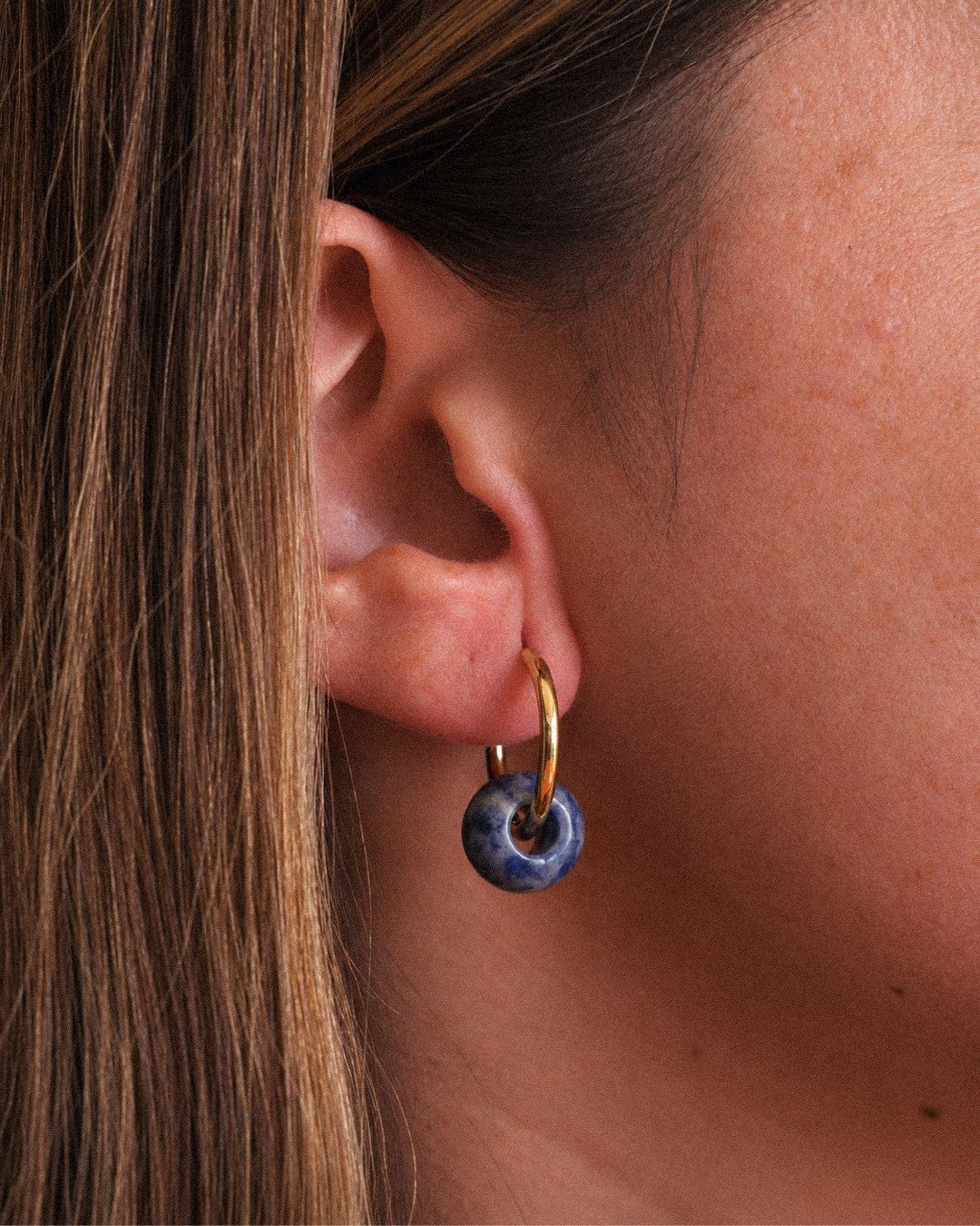 Pendientes Órbita Plus Acero Inoxidable Dorado Jaspe Mancha Azul
