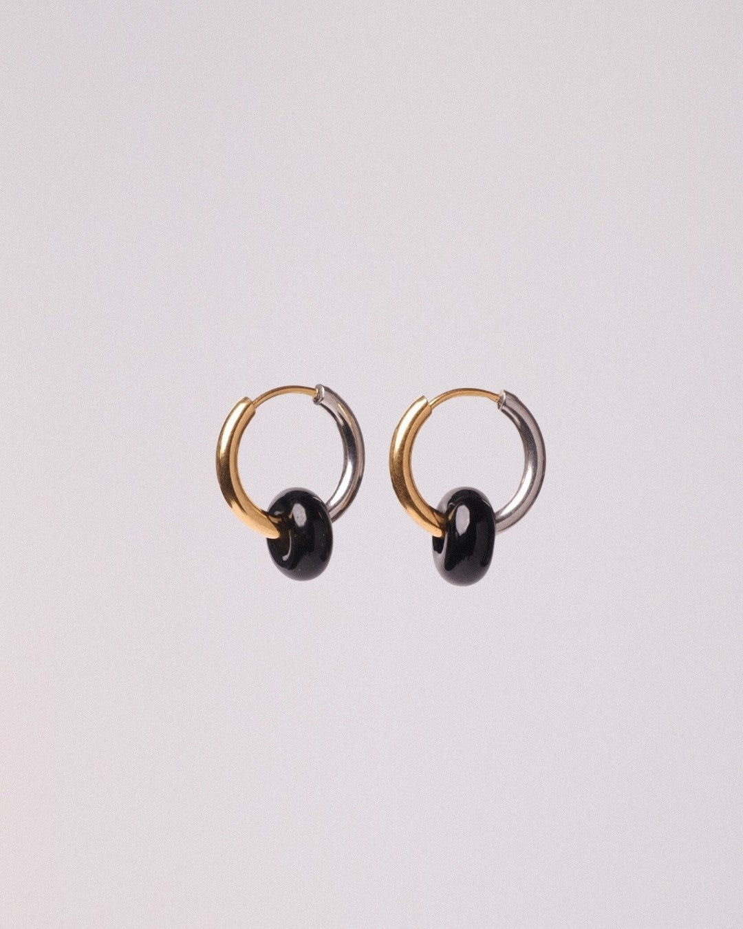 Pendientes Órbita Acero Inoxidable Bicolor Ágata Negra