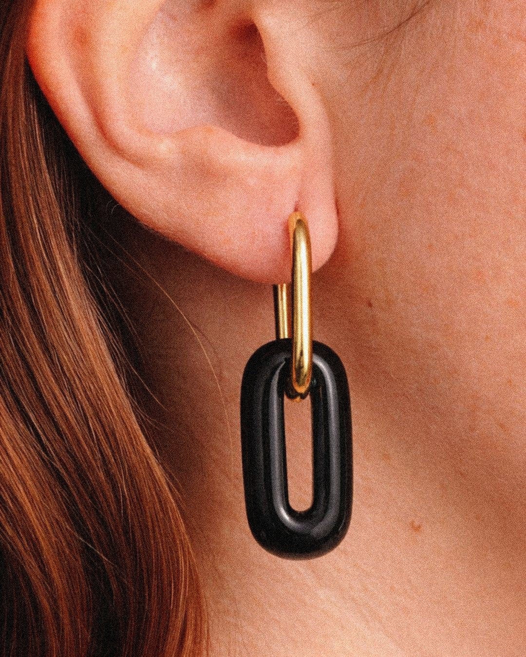 Pendientes Elipse Acero Inoxidable Dorado Ágata Negra