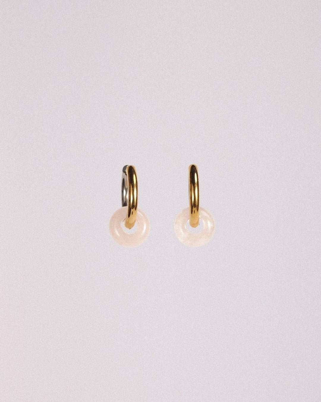 Pendientes Órbita Acero Inoxidable Bicolor Cuarzo Rosa